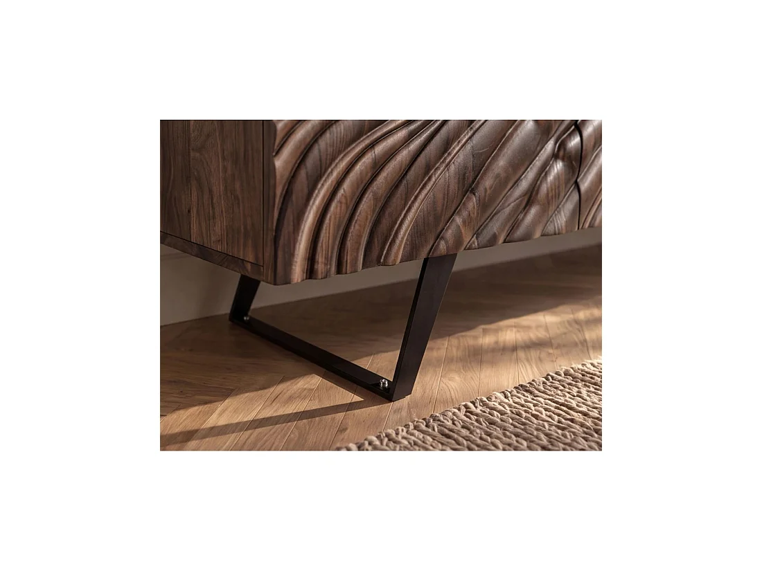 Buffet GAÏA 177 cm en bois massif de manguier foncé – 4 portes – Façades sculptées – Marron et noir