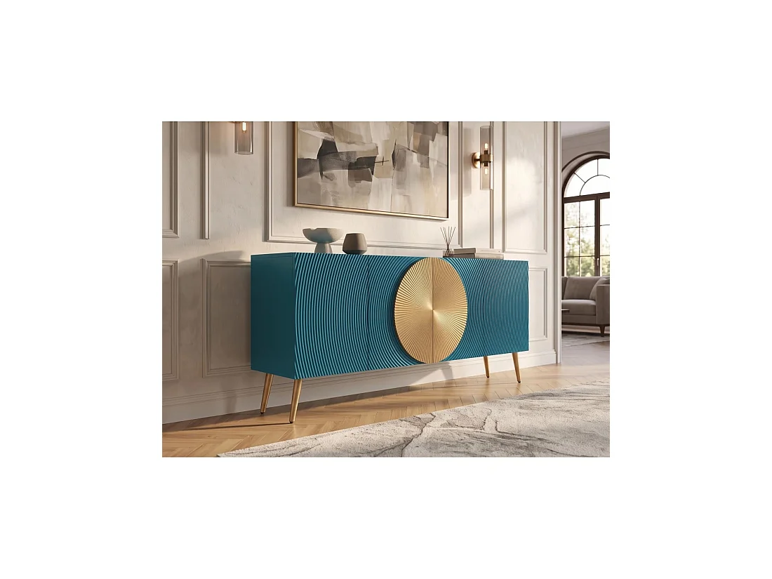 Buffet MIDORI 177 cm – Bois de manguier massif bleu et doré – 4 portes