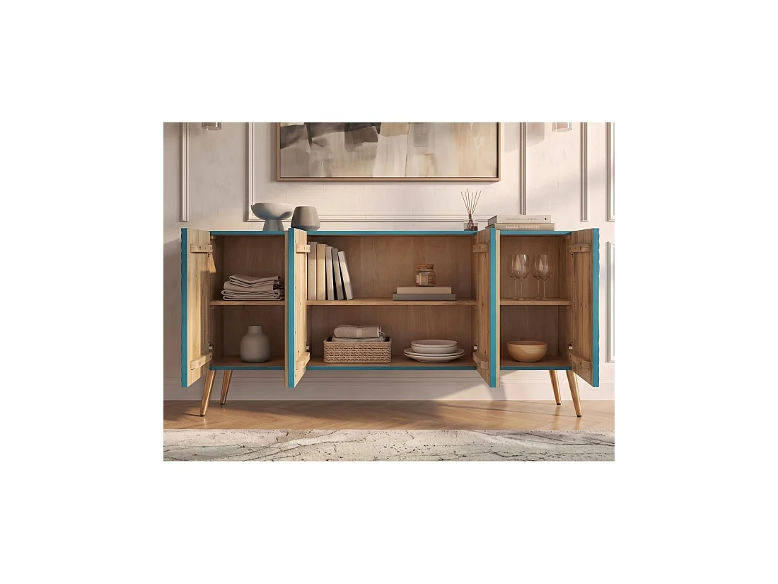Buffet MIDORI 177 cm – Bois de manguier massif bleu et doré – 4 portes
