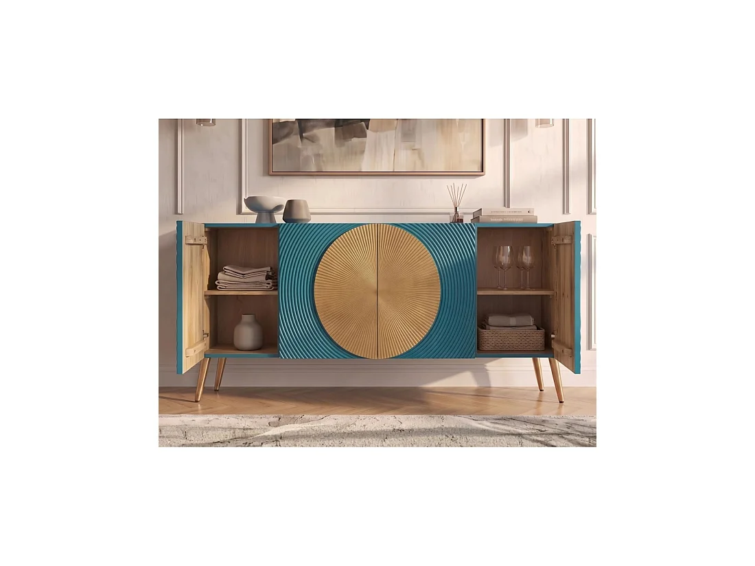 Buffet MIDORI 177 cm – Bois de manguier massif bleu et doré – 4 portes