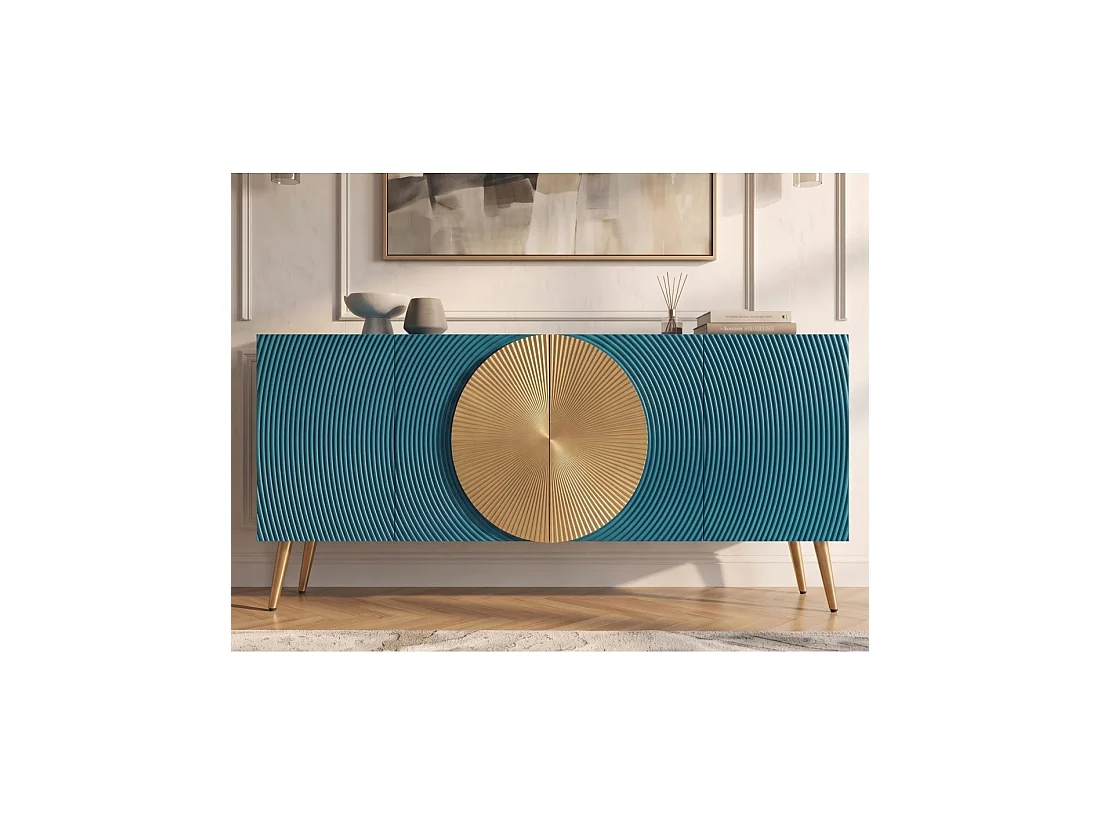 Buffet MIDORI 177 cm – Bois de manguier massif bleu et doré – 4 portes