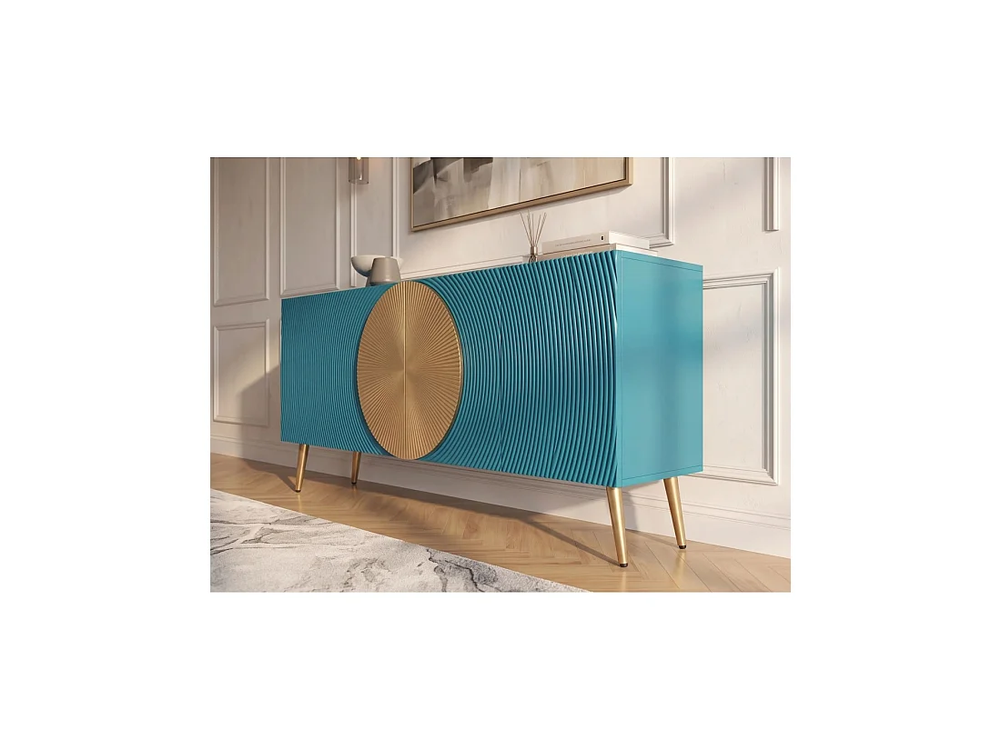 Buffet MIDORI 177 cm – Bois de manguier massif bleu et doré – 4 portes