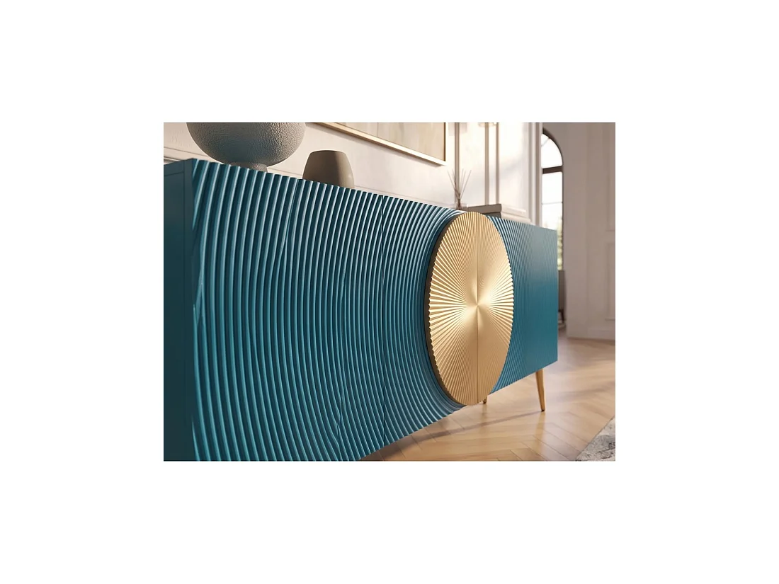 Buffet MIDORI 177 cm – Bois de manguier massif bleu et doré – 4 portes