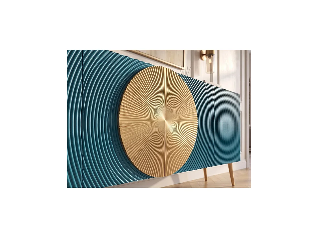 Buffet MIDORI 177 cm – Bois de manguier massif bleu et doré – 4 portes