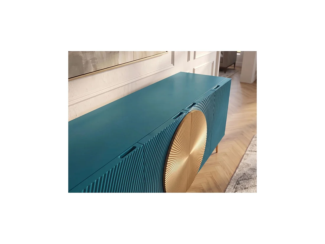 Buffet MIDORI 177 cm – Bois de manguier massif bleu et doré – 4 portes