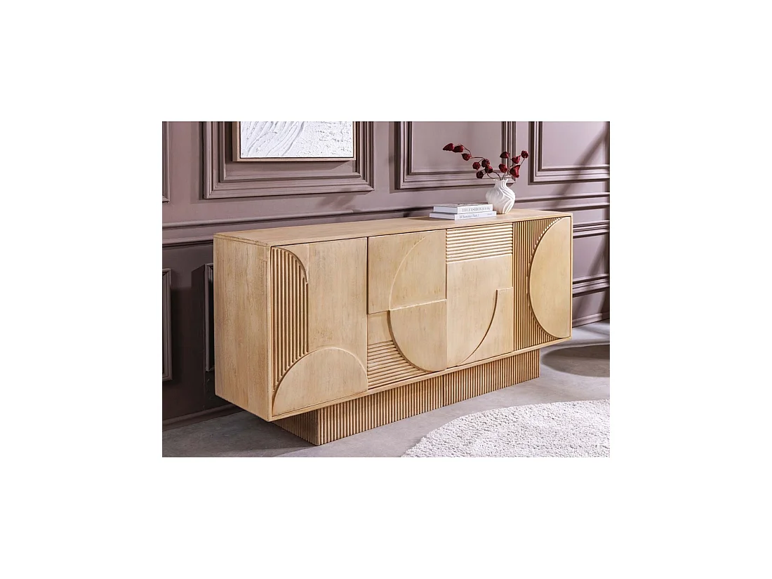 Buffet ORINO 170 cm en bois de manguier marron clair – 4 portes aux façades sculptées