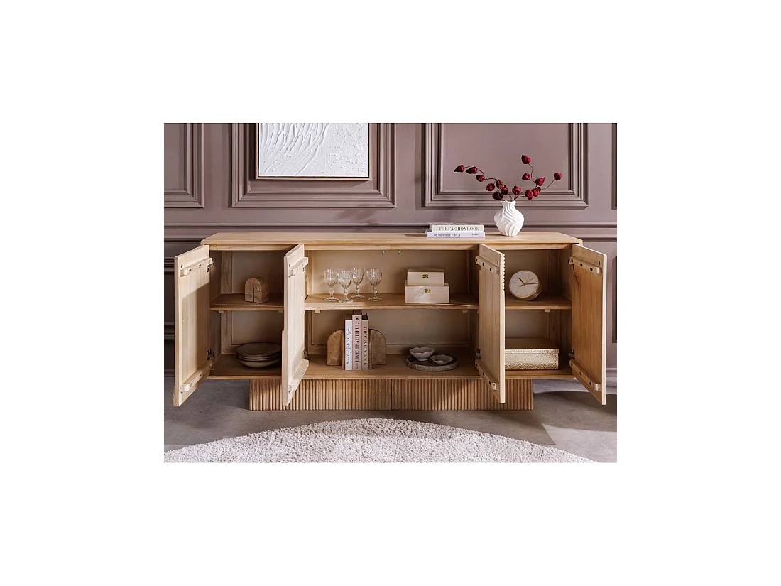 Buffet ORINO 170 cm en bois de manguier marron clair – 4 portes aux façades sculptées