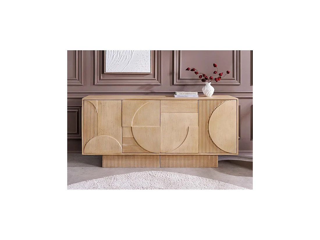 Buffet ORINO 170 cm en bois de manguier marron clair – 4 portes aux façades sculptées