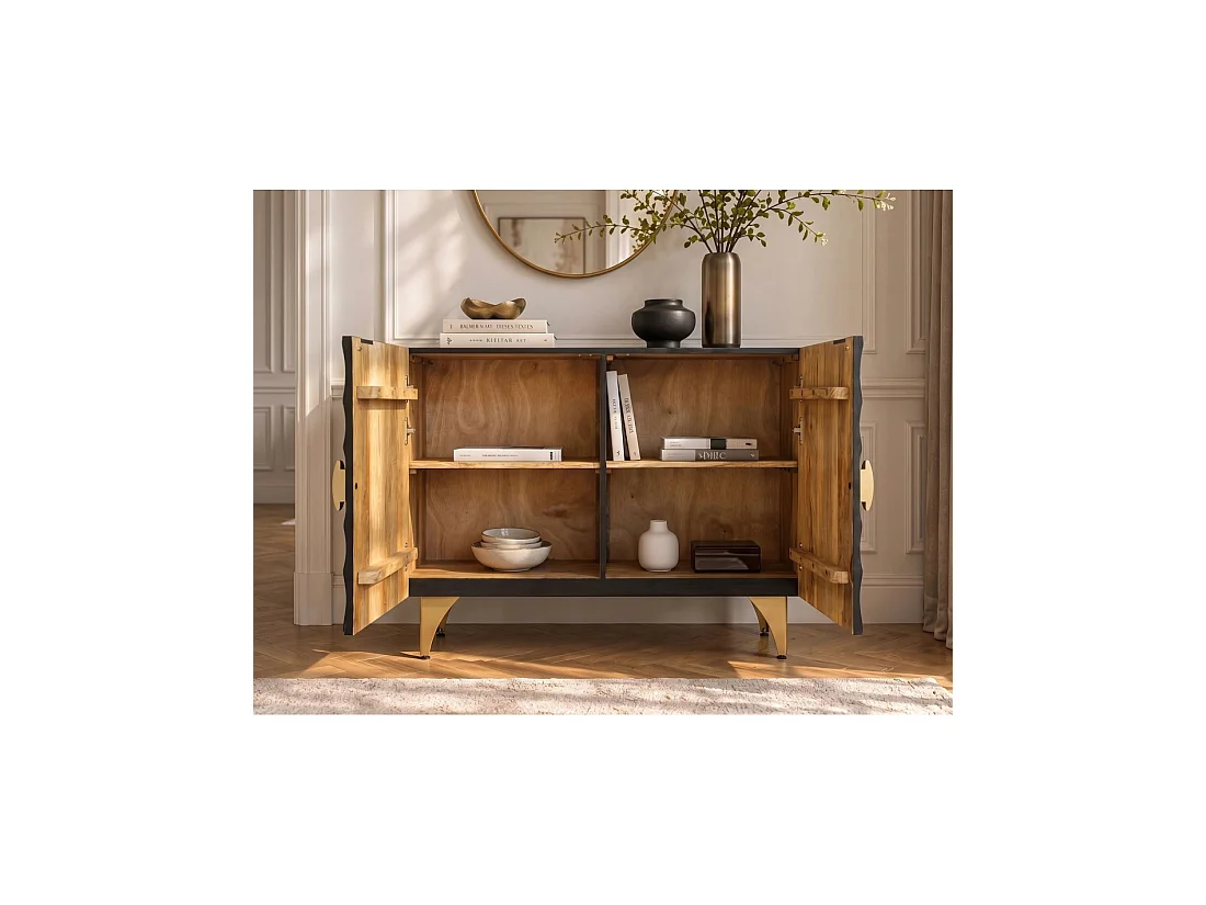 Buffet SOLARIS 100 cm in massief zwart mangohout - 2 deuren - Gouden poten en details