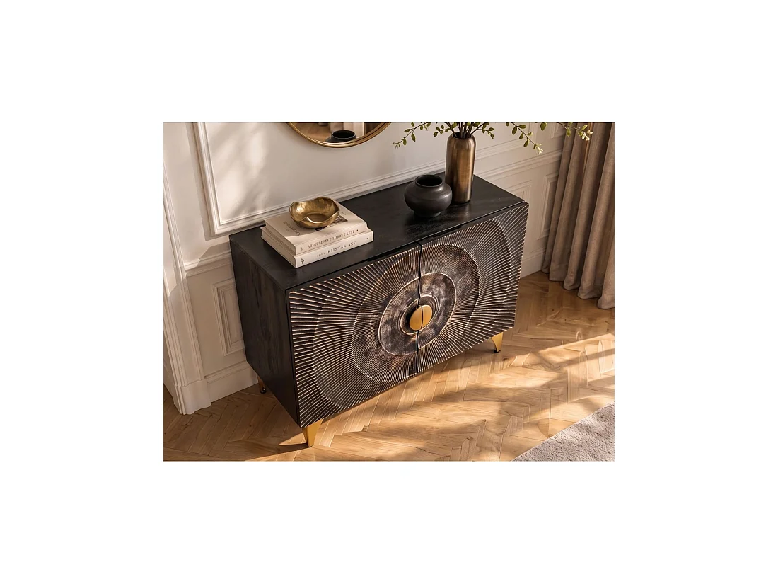 Buffet SOLARIS 100 cm in massief zwart mangohout - 2 deuren - Gouden poten en details
