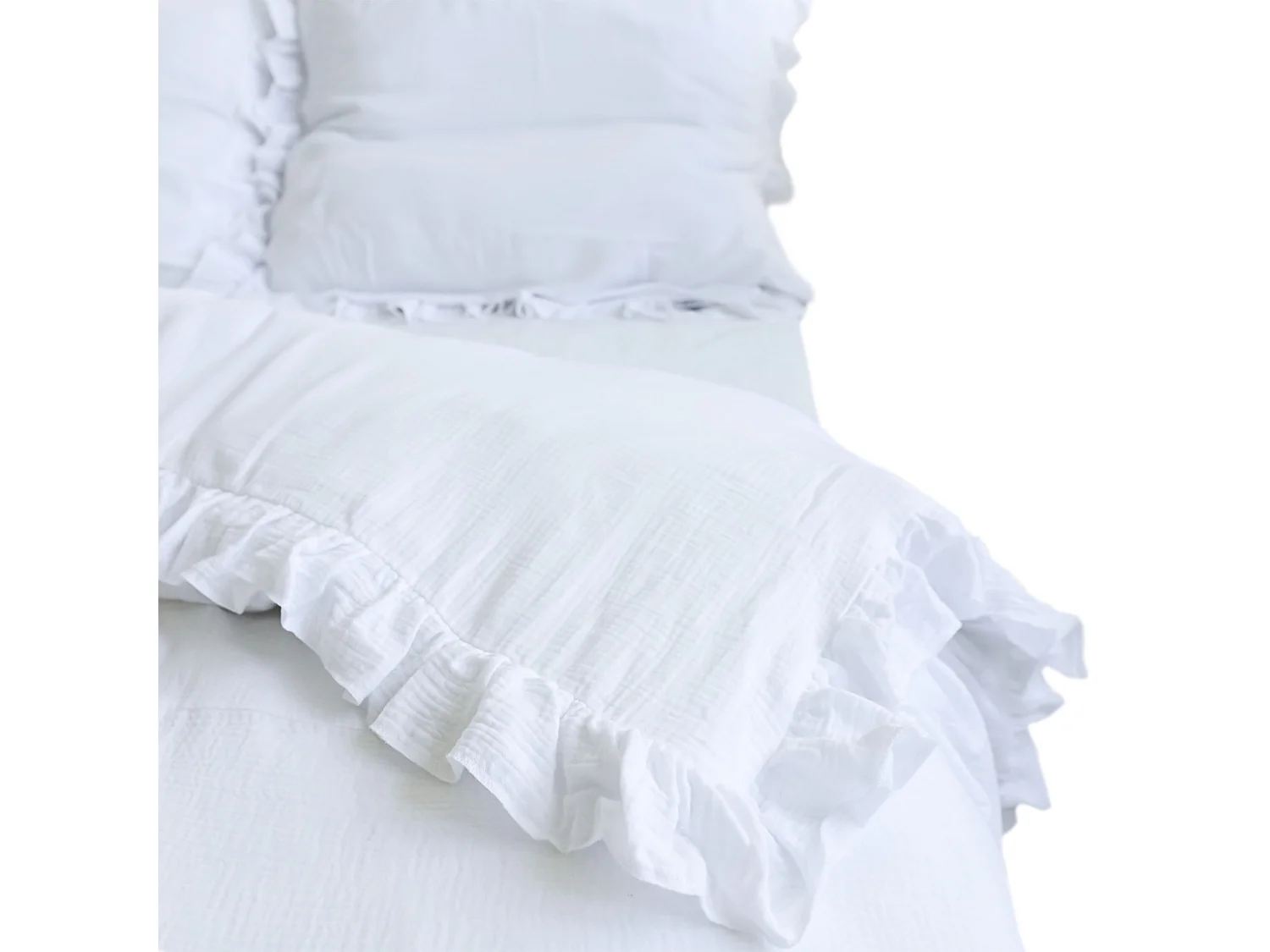 Parure de lit en mousseline à volant, coton, blanc, 180x200 cm + 2 taies 70x80 cm