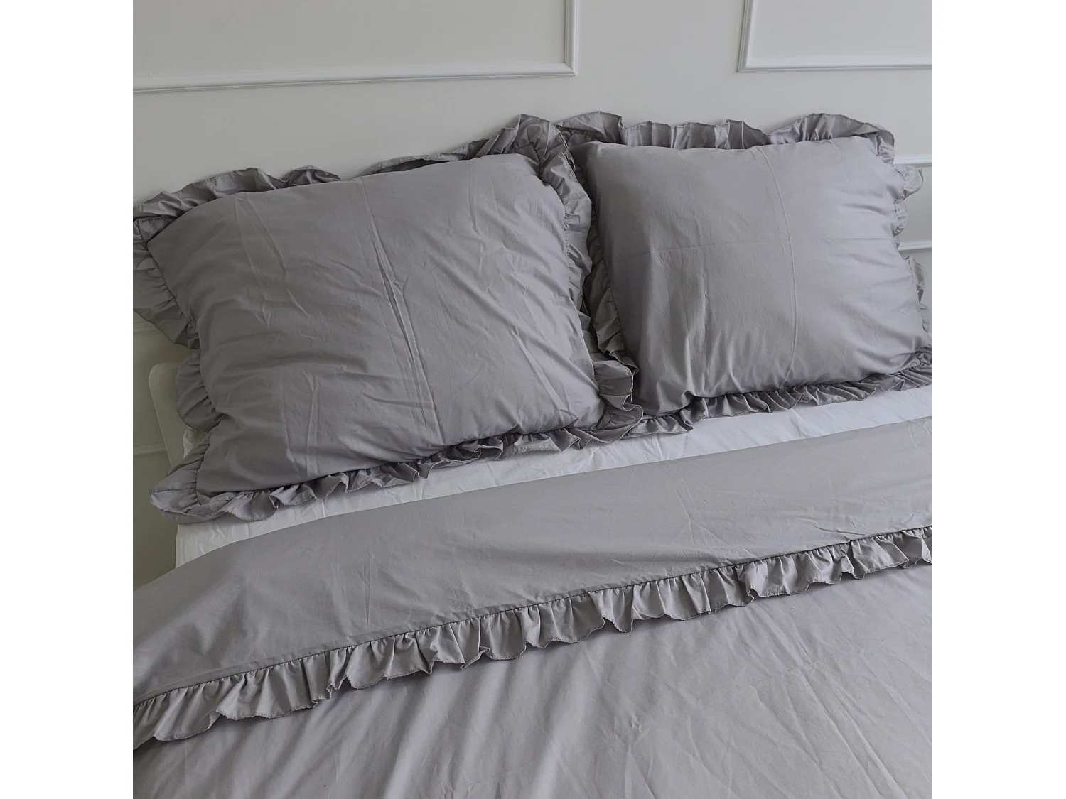 Parure de lit en coton à volant, gris clair, 160x200 cm + 2 taies 70x80 cm