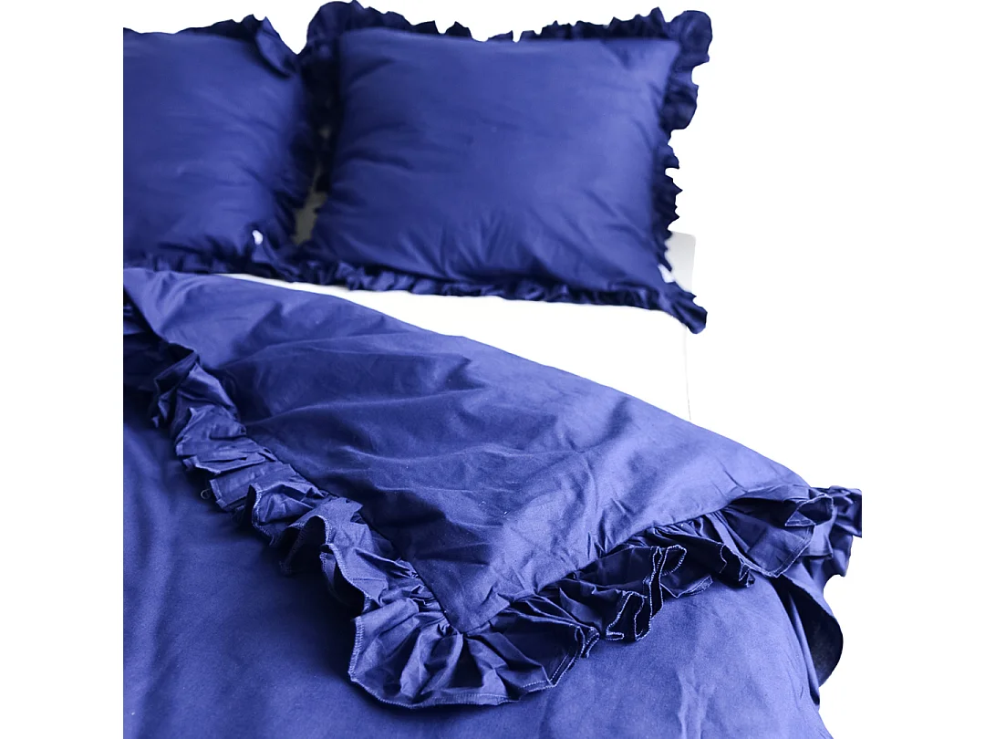 Parure de lit en coton à volants bleu marine 180x200 cm + 2 taies 70x80 cm