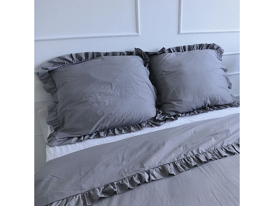 Parure de lit en coton avec volant décoratif, gris foncé, 160x200 cm + 2 taies 70x80 cm