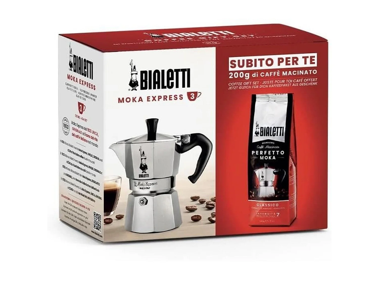 Bialetti Moka Express Italiaanse Koffiemaker 3 Kopjes + 250g Perfetto Moka Set