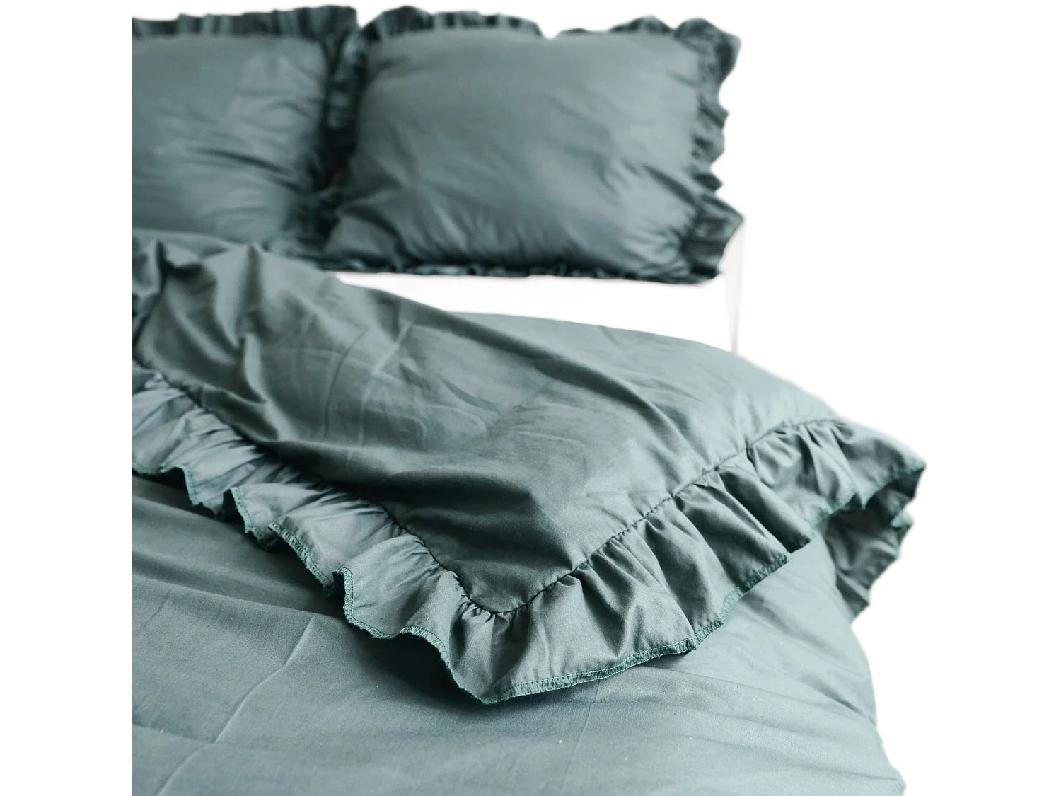 Pościel Bawełniana Z Falbanką Zestaw Komplet Do Sypialni Butelkowa Zieleń 220x200 cm + 2 Poduszki 70x80 cm
