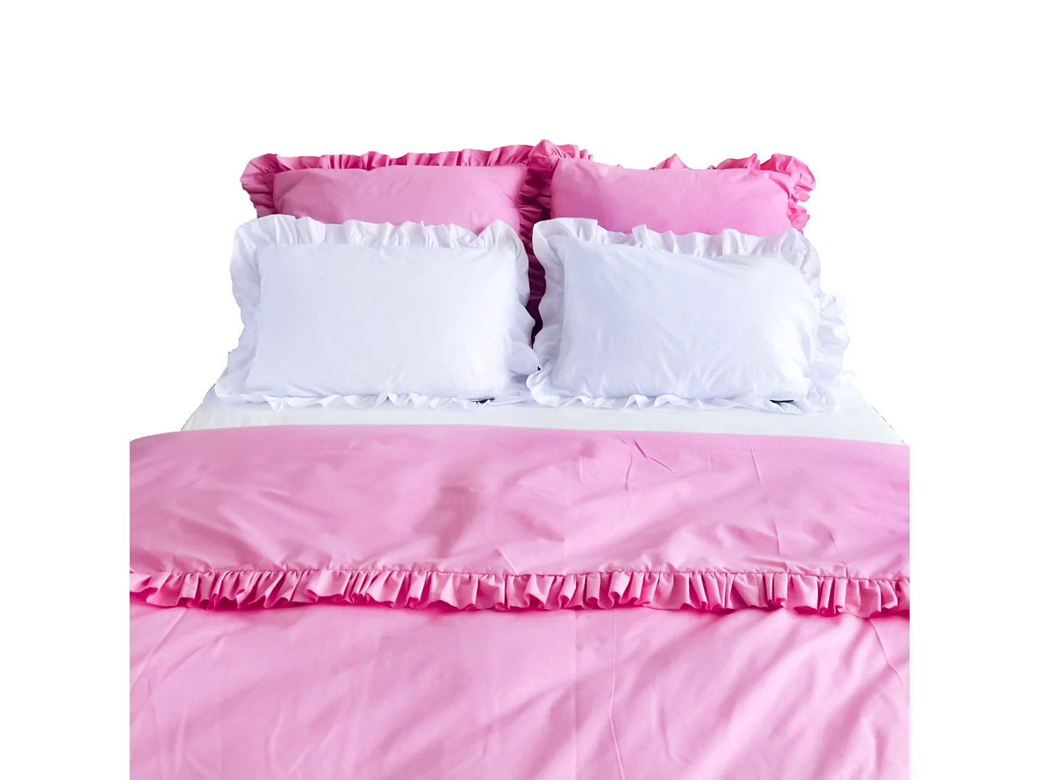 Parure de lit en coton à volant, rose et blanc, 200x200 cm