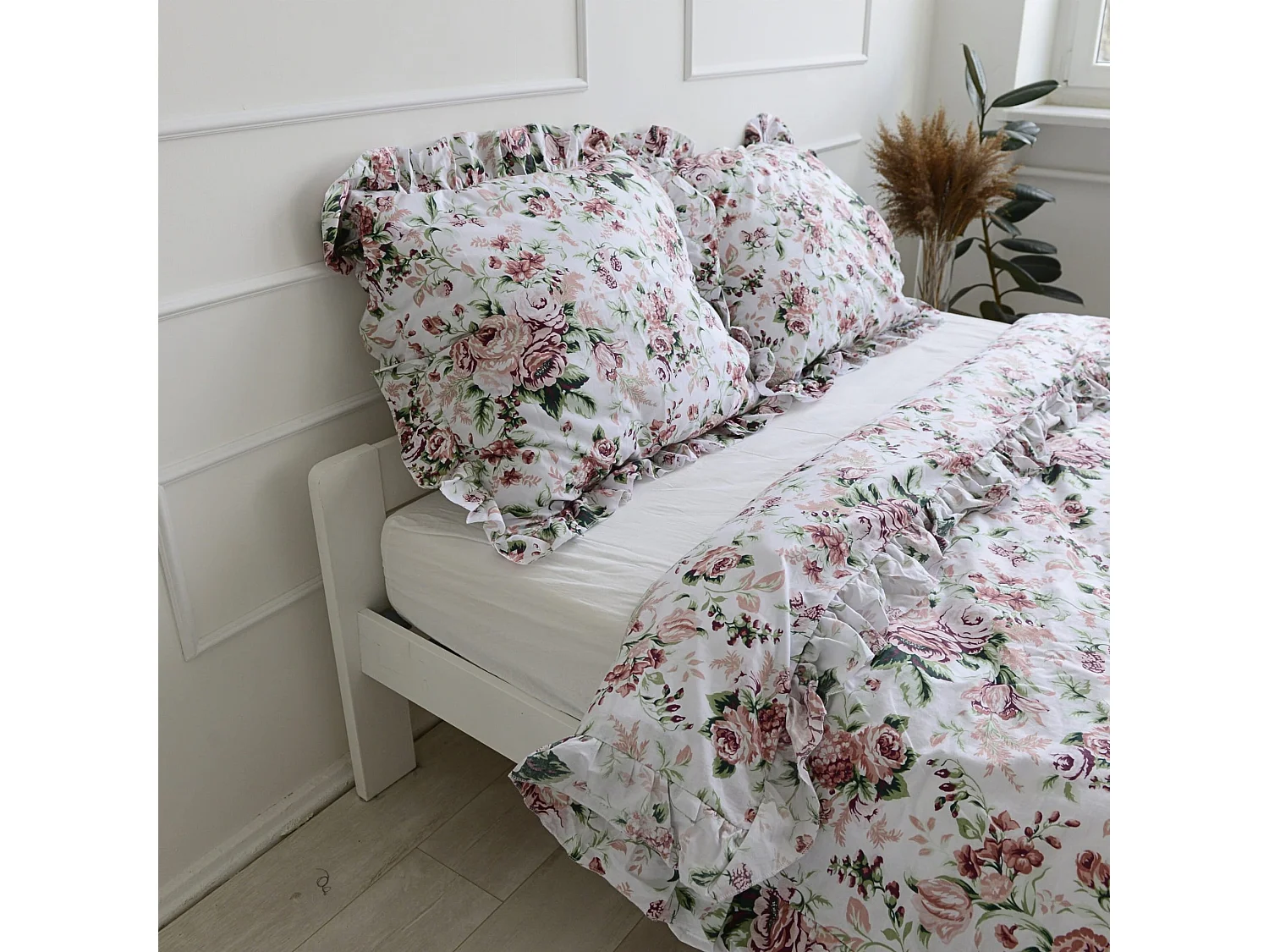Housse de couette à volant rétro fleurs coton 160x200 cm