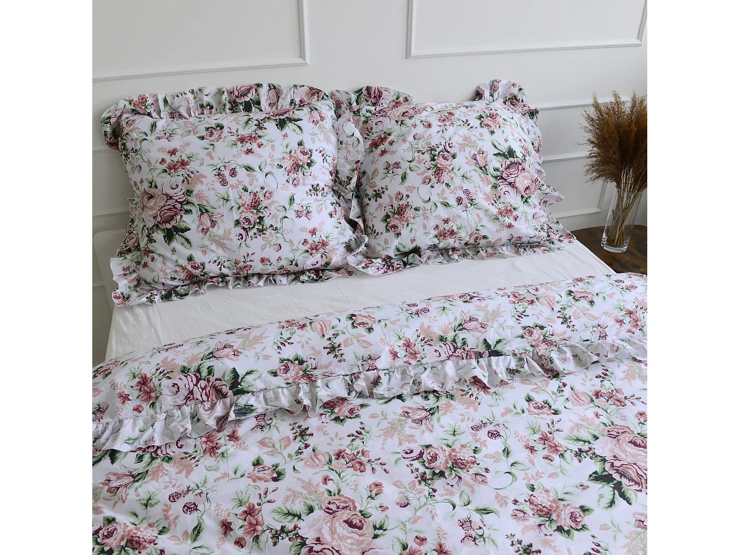 Parure de lit en coton à volant rétro fleurs 180x200 cm + 2 taies 70x80 cm