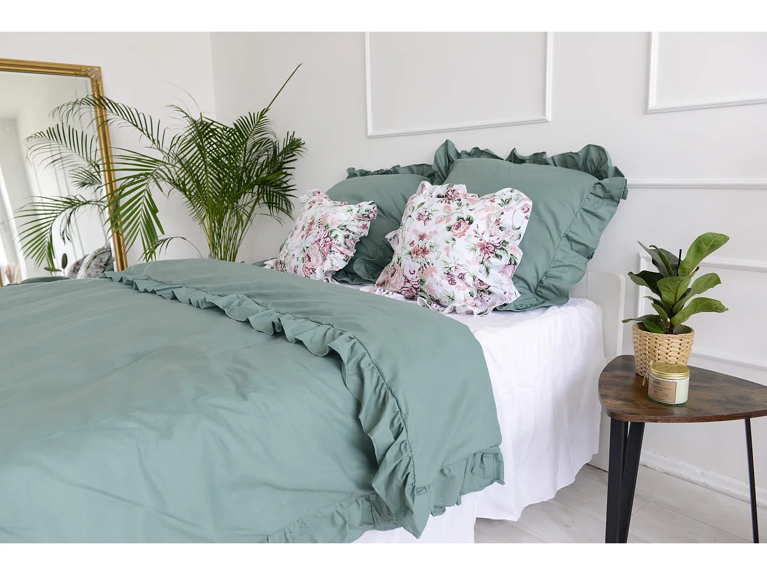 Parure de lit en coton à volant, vert boho, 160x200 cm