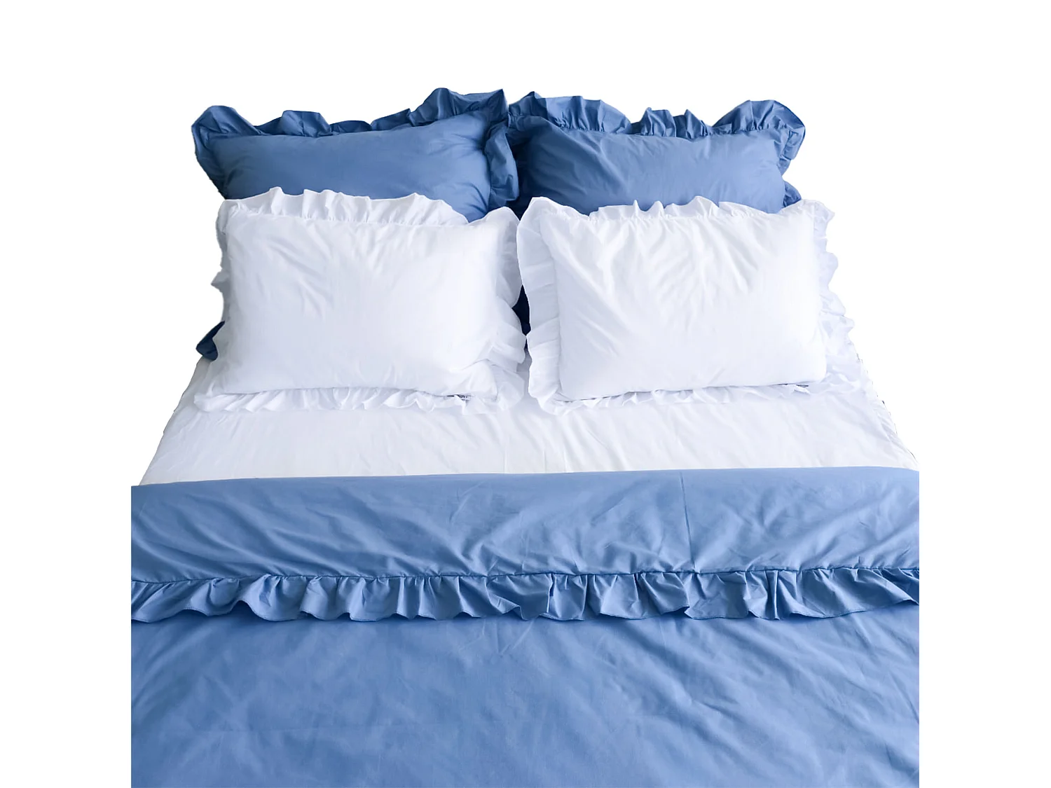 Pościel Bawełniana Z Falbanką Zestaw Komplet Do Sypialni Kołdra + 4 Poduszki 200x200 cm Niebieski Jeans Biel