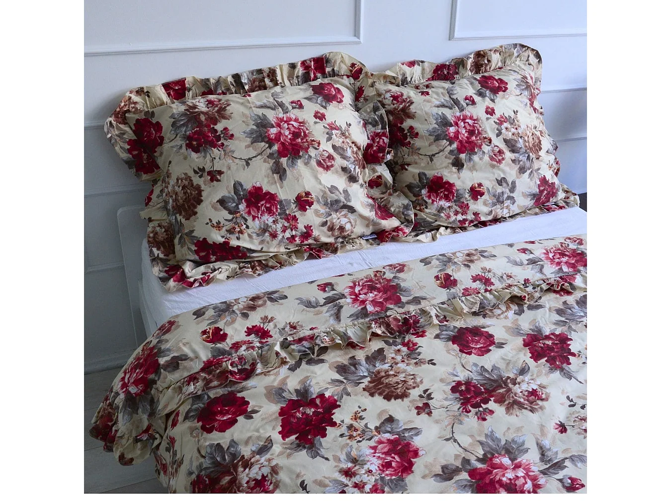 Housse de couette à volant coton blanc fleurs de pivoine 200x200 cm
