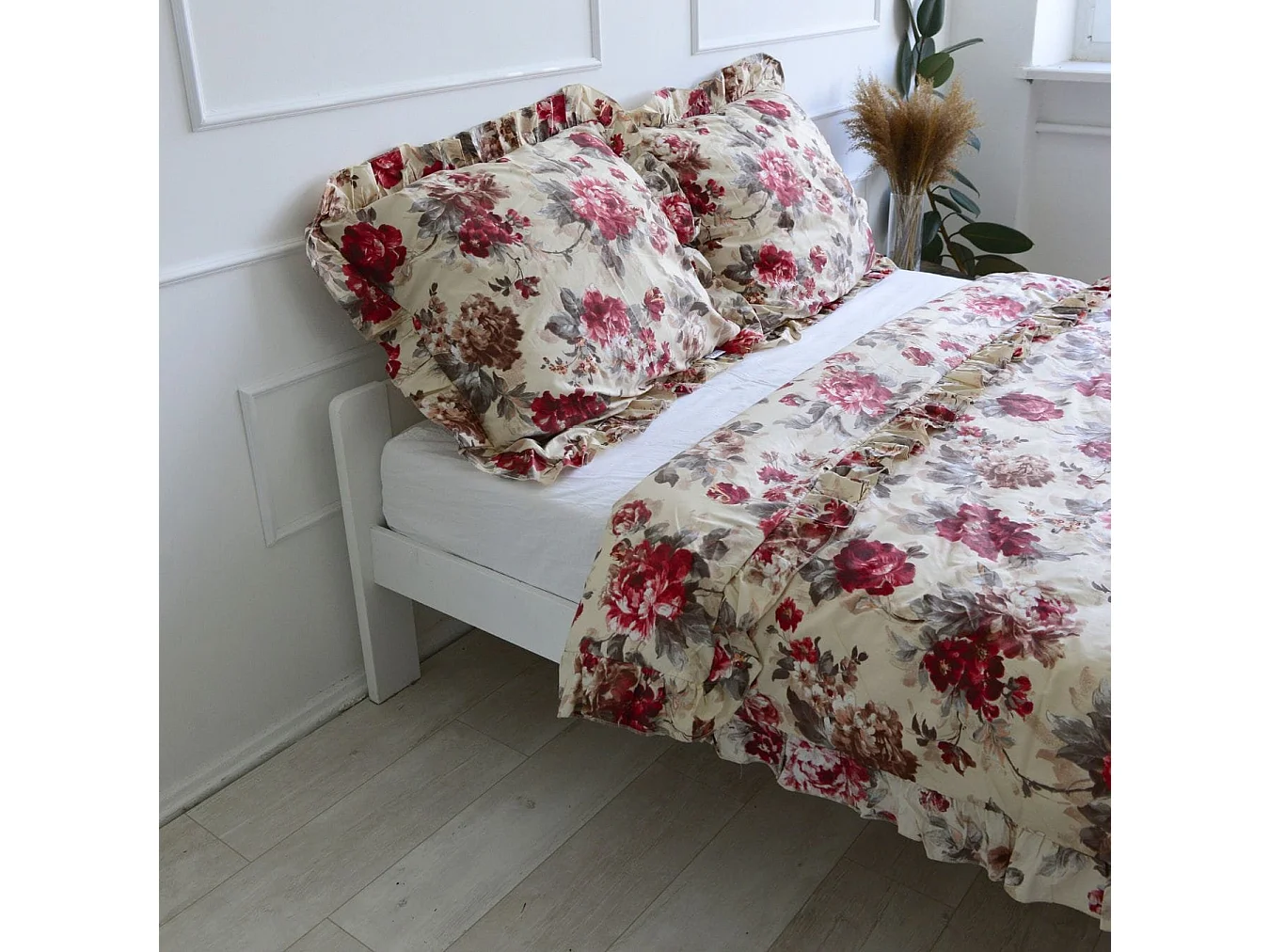 Housse de couette à volant coton blanc fleurs de pivoine 200x200 cm