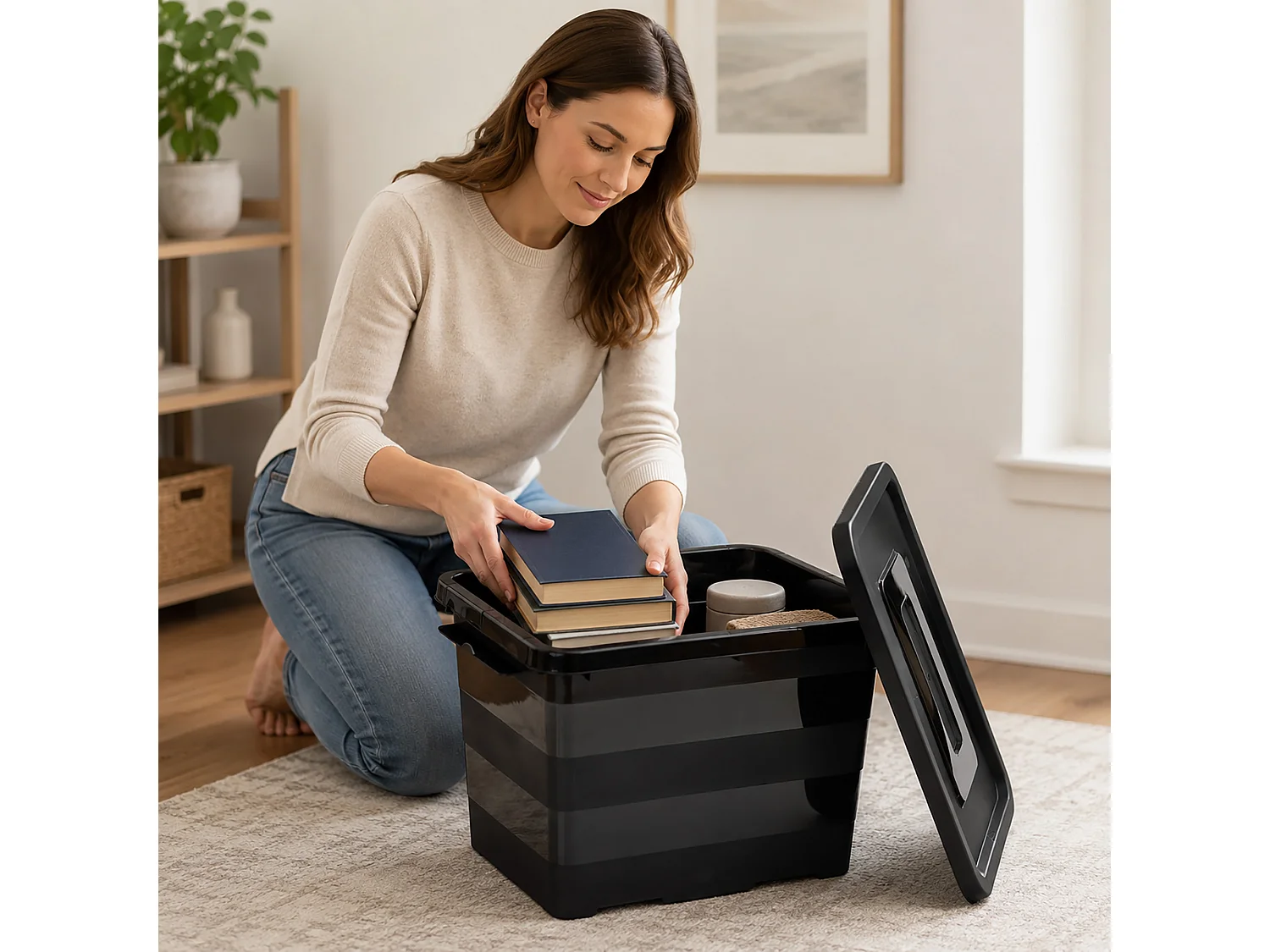 Boîte de rangement en plastique 20 L avec couvercle, noire, 39x29x27 cm