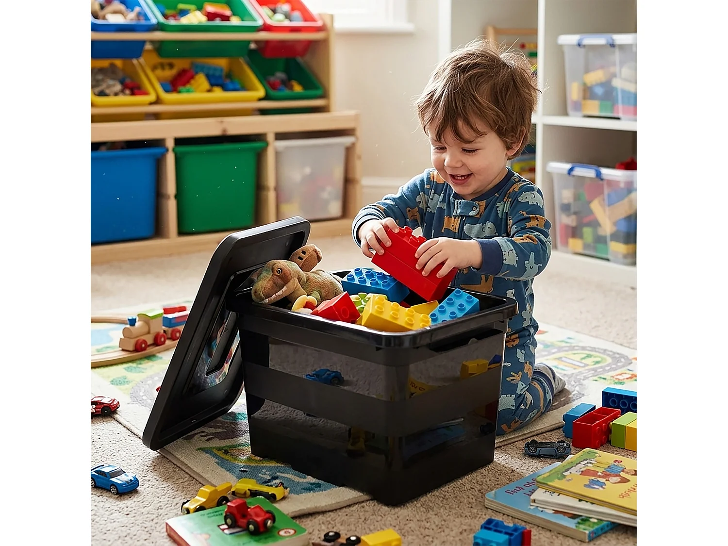 Boîte de rangement en plastique 20 L avec couvercle, noire, 39x29x27 cm