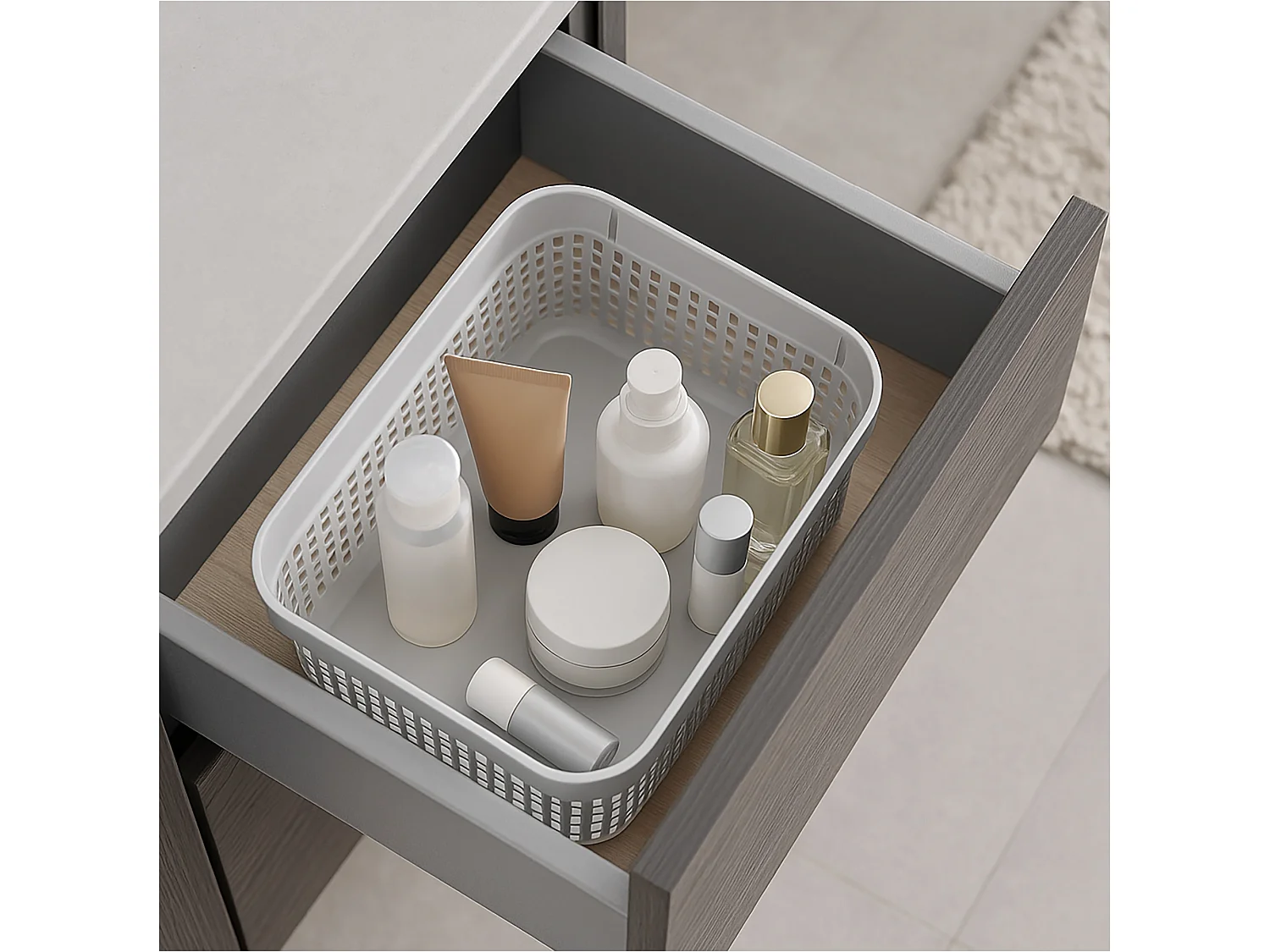 Panier ajouré en plastique pour cosmétiques gris clair 22x14x6 cm