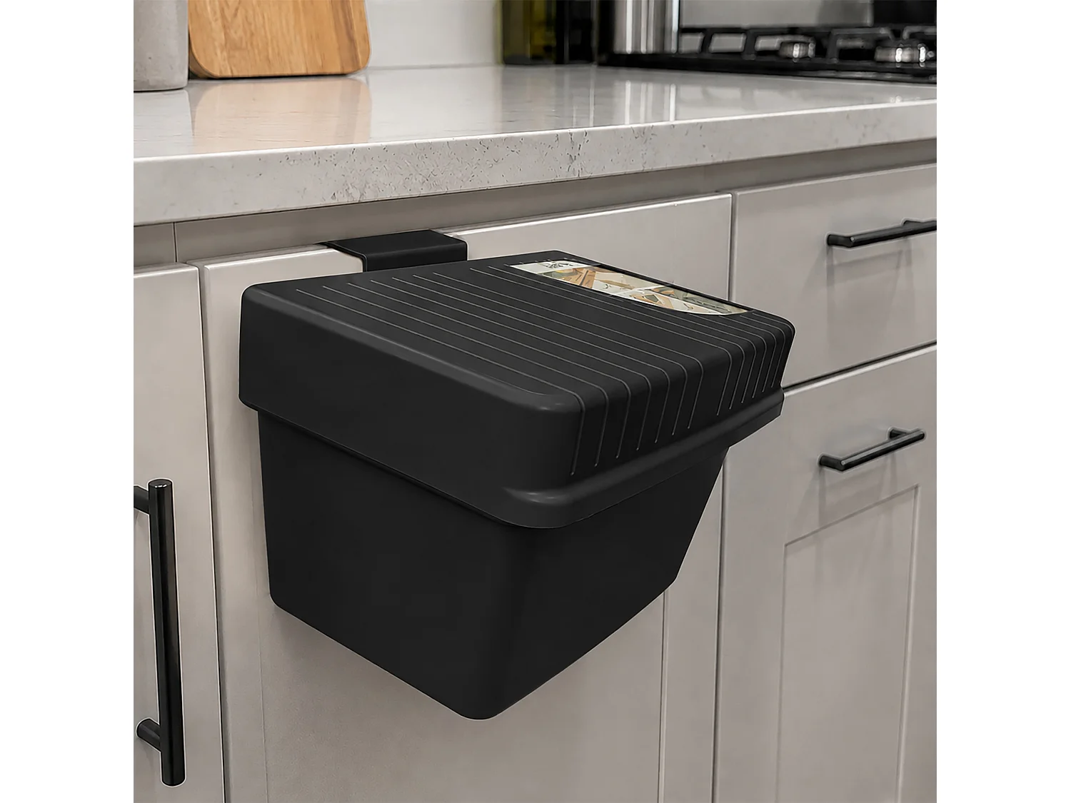 Poubelle de cuisine suspendue pour épluchures plastique noir 21x17x14,5 cm