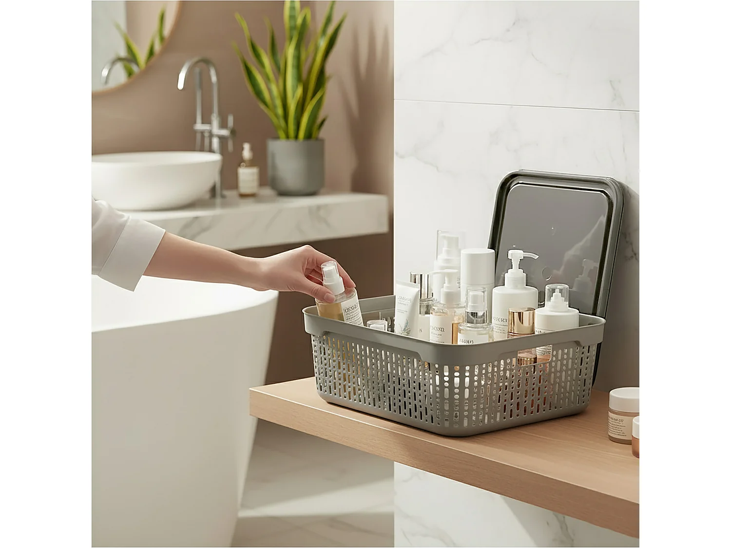 Panier ajouré en plastique pour cosmétiques avec couvercle gris clair 39.5x30x13 cm