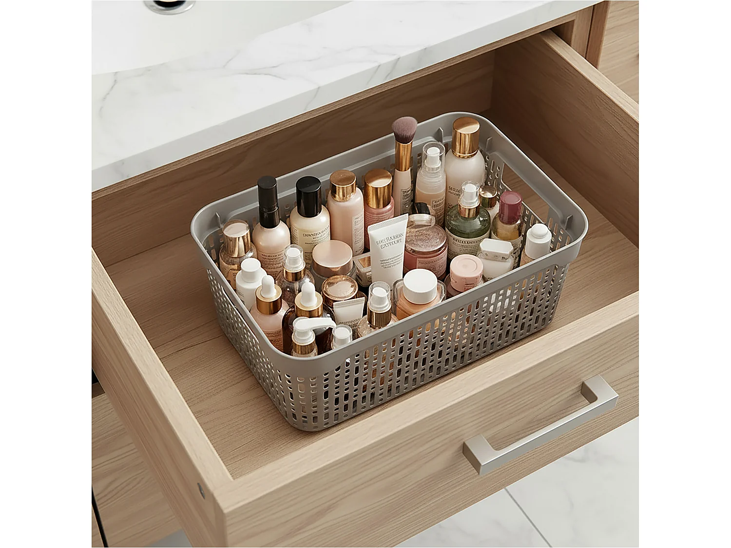 Panier ajouré en plastique pour cosmétiques avec couvercle gris clair 39.5x30x13 cm