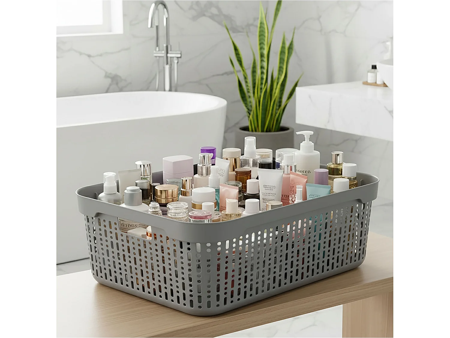 Panier ajouré en plastique pour cosmétiques avec couvercle gris clair 39.5x30x13 cm
