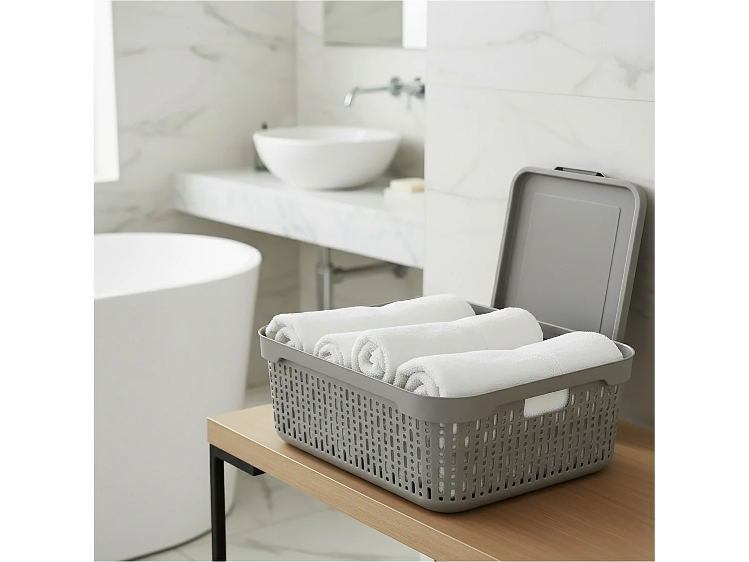 Panier ajouré en plastique pour cosmétiques avec couvercle gris clair 39.5x30x13 cm
