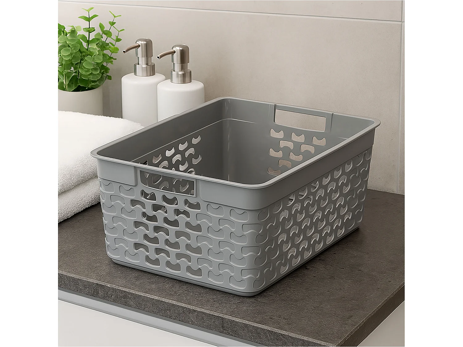 Panier de rangement ajouré en plastique gris clair 33x25,2x14,9 cm