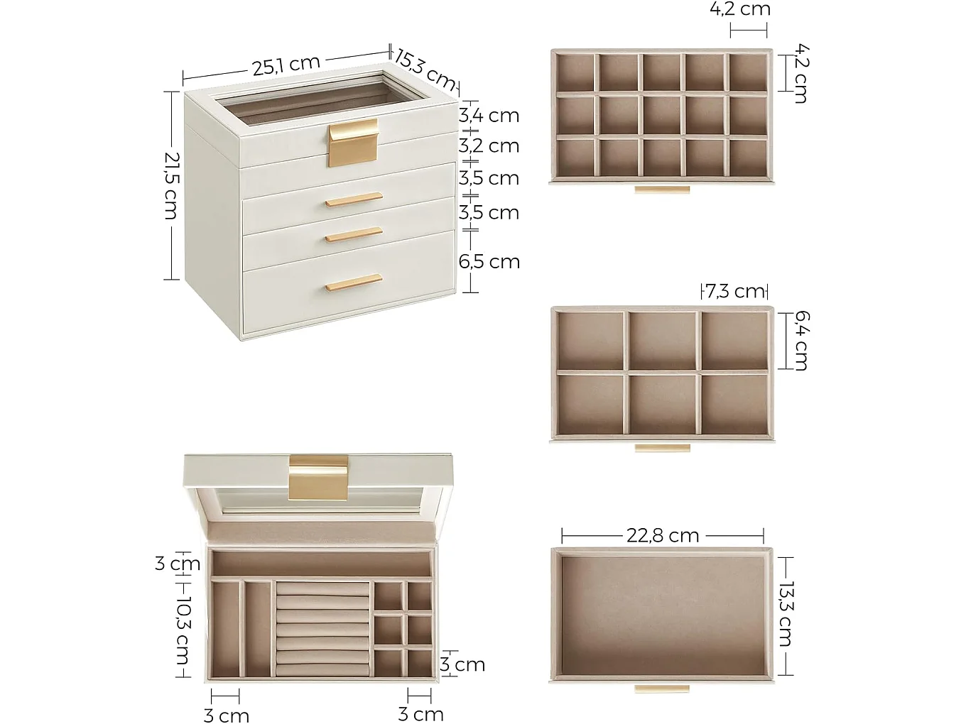 Sieradendoos praktisch MDF glas wit 25,1x15,3x21,5 cm