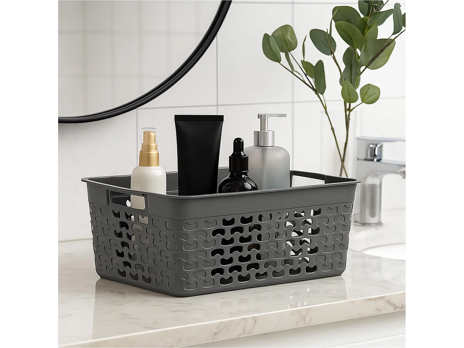 Panier ajouré de rangement en plastique gris 33x25,2x14,9 cm