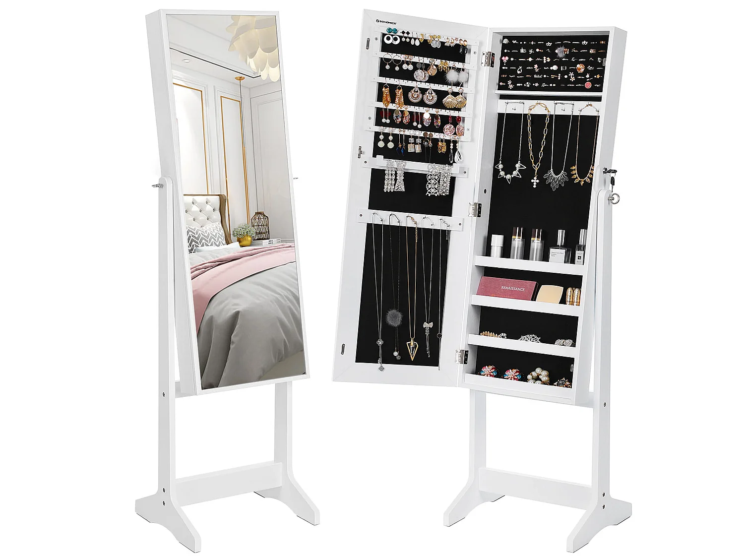 Sieradenkast met spiegel MDF glas wit 41,1x36,5x151,5 cm