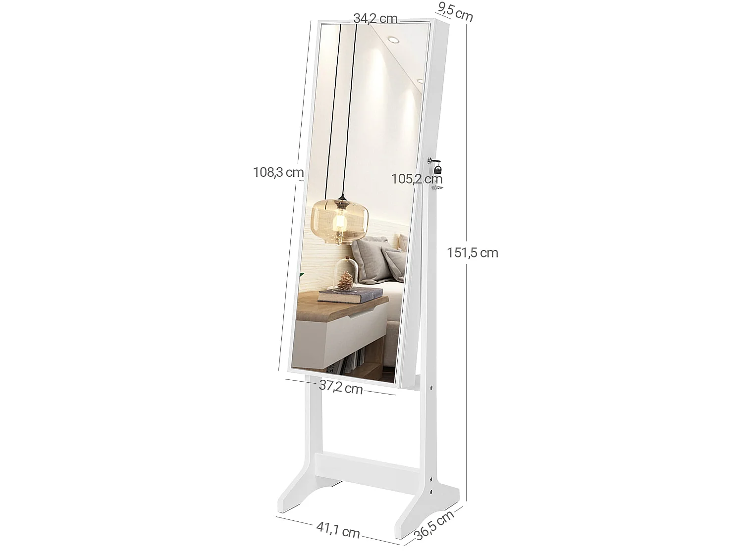 Sieradenkast met spiegel MDF glas wit 41,1x36,5x151,5 cm