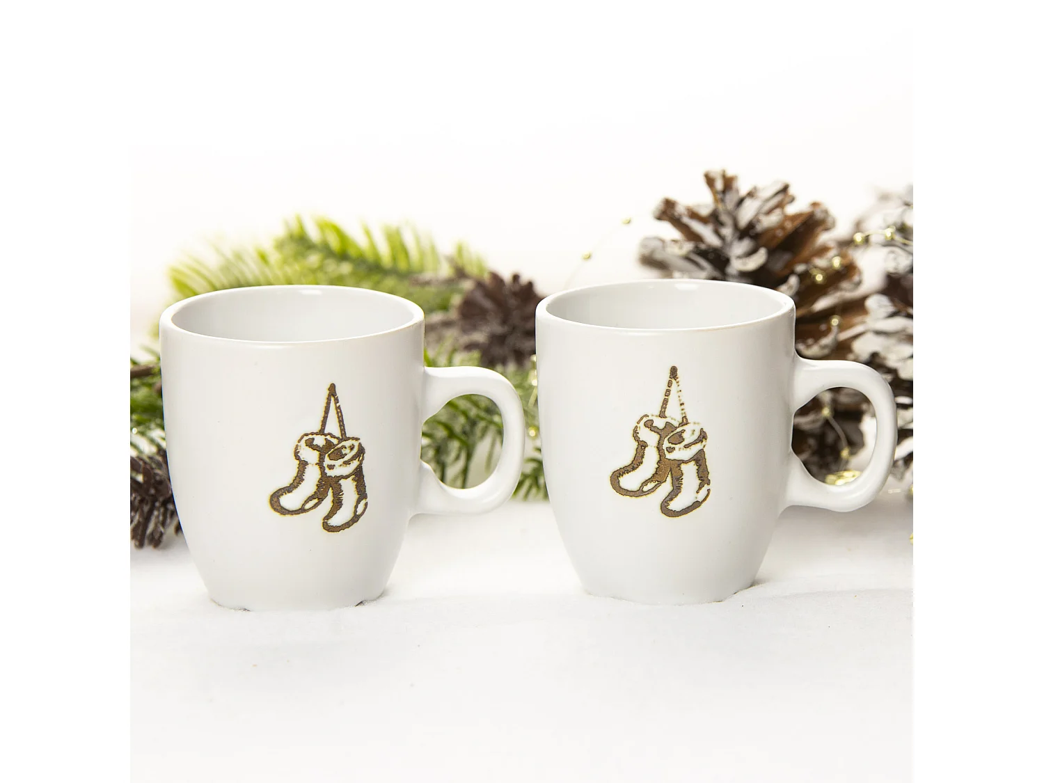 Set 2 tazze natalizie con calze in ceramica bianca 150 ml 7x9,5x7,5 cm