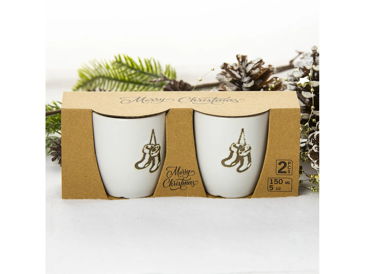 Set 2 tazze natalizie con calze in ceramica bianca 150 ml 7x9,5x7,5 cm