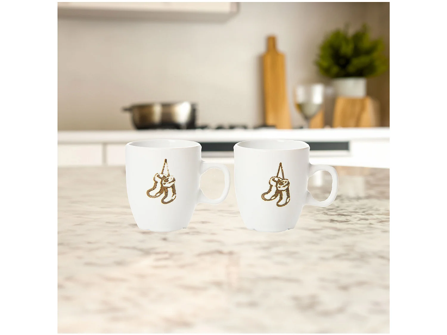 Set 2 tazze natalizie con calze in ceramica bianca 150 ml 7x9,5x7,5 cm