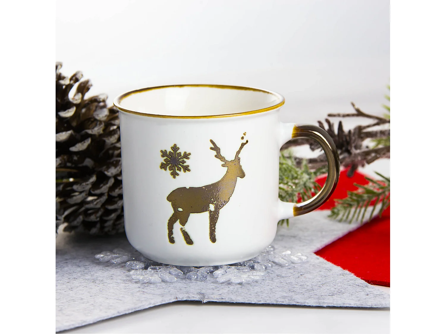 Tazza natalizia in porcellana renna bianco-oro 400 ml 9,5x9 cm