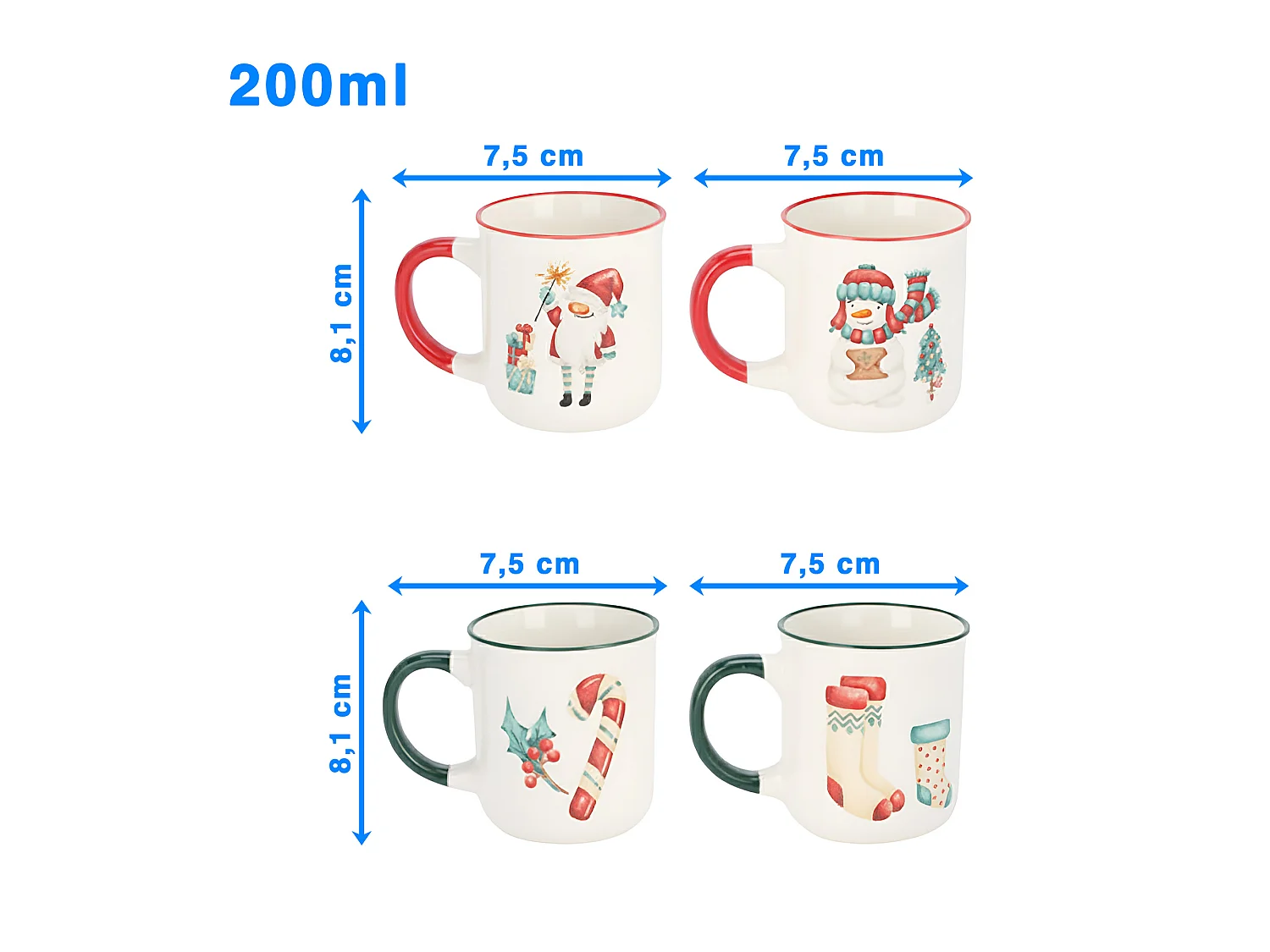 Set 4 tazze natalizie in porcellana bianca e rossa 4 x 200 ml 75x75x81 mm