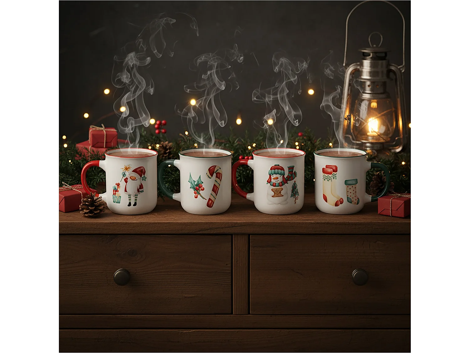 Set 4 tazze natalizie in porcellana bianca e rossa 4 x 200 ml 75x75x81 mm