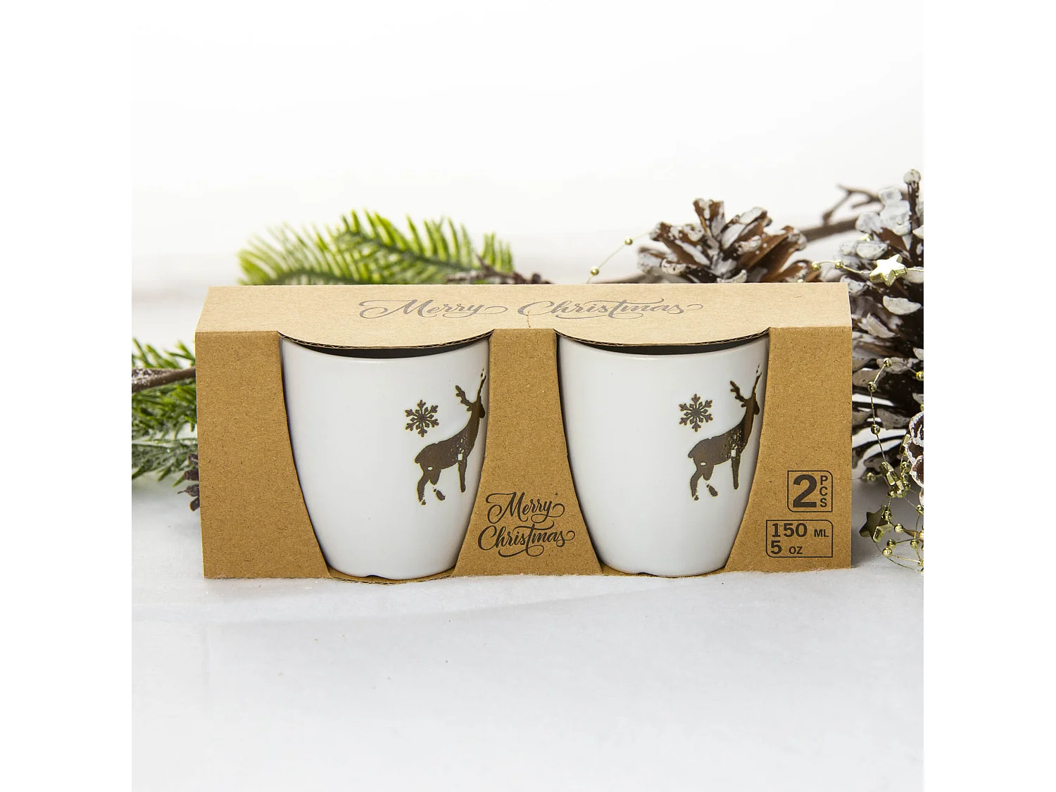 Tazze natalizie con renna in gres bianco 2 pz 150 ml