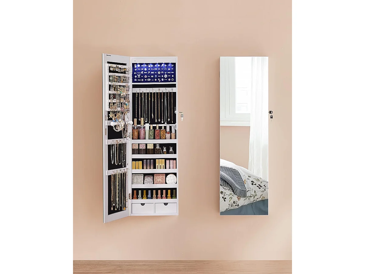 Sieradenkast met spiegel MDF glas wit 37x9,3x108 cm