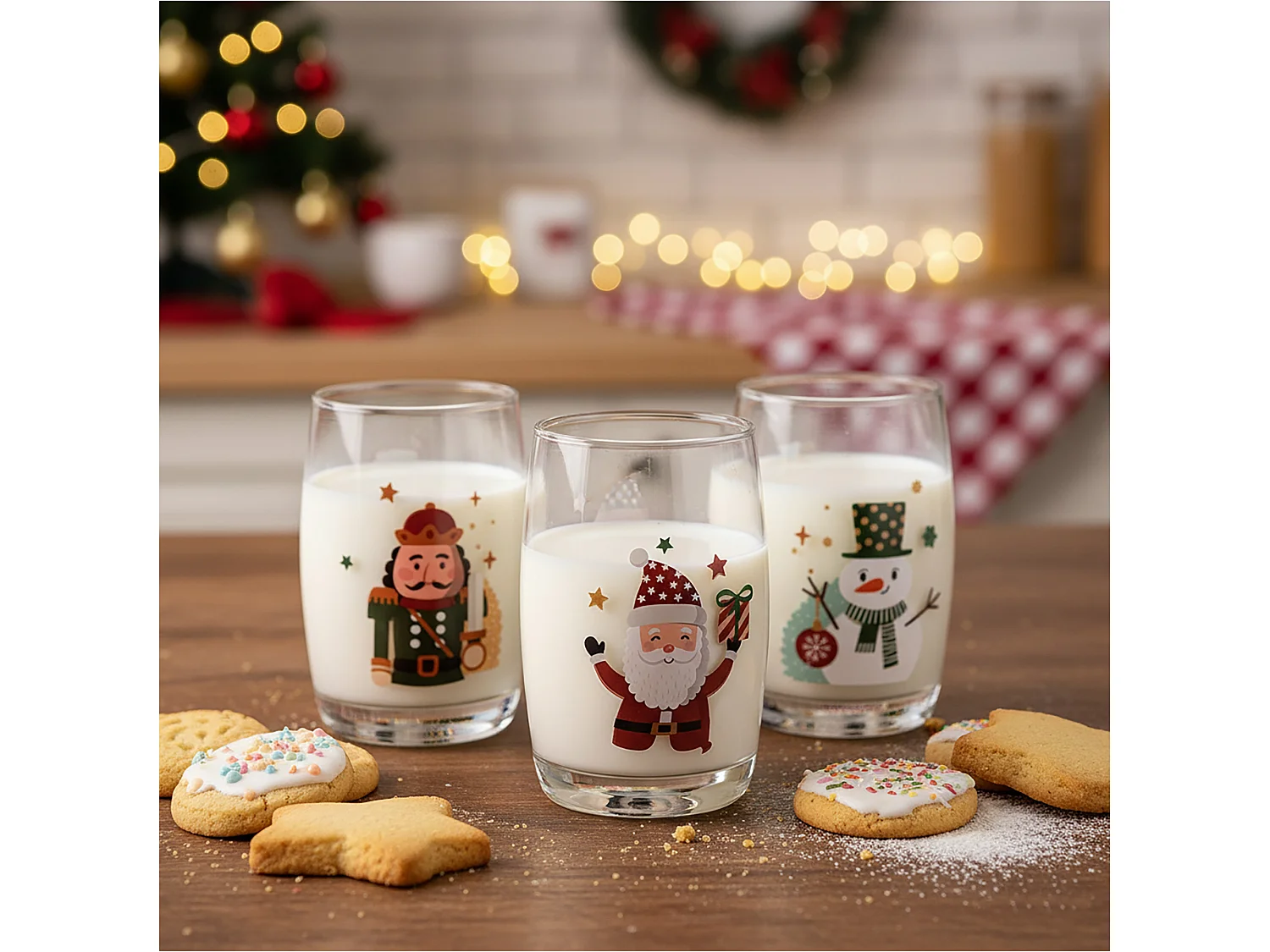 Set di bicchieri natalizi decorativi in vetro trasparente 3 pezzi 300 ml 6x10 cm