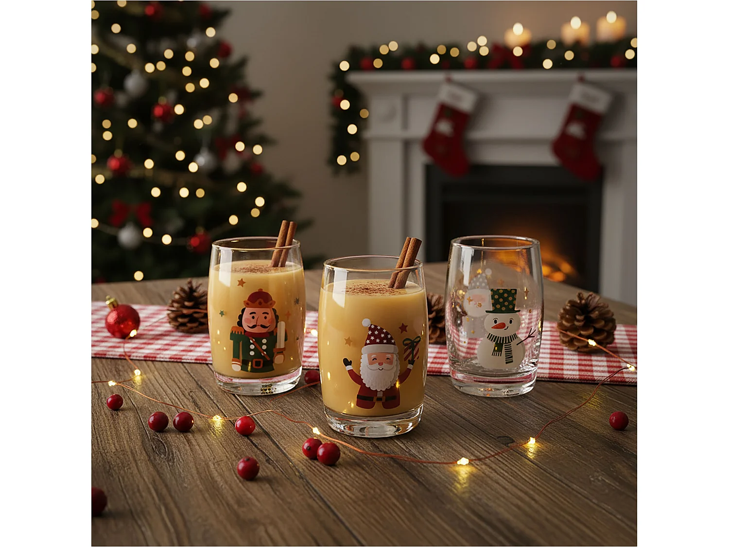 Set di bicchieri natalizi decorativi in vetro trasparente 3 pezzi 300 ml 6x10 cm